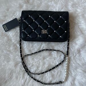 Badgley Mischka Black Quilted Crossbody with Pearl-Accent Chain
